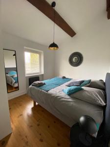1 dormitorio con cama y espejo. en La Petite Maison, jardin et jacuzzi, proche de Lyon, en Charly