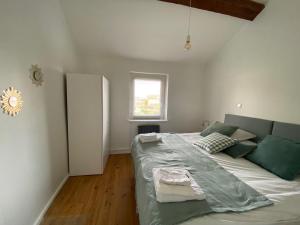 Un dormitorio con una cama grande y una ventana. en La Petite Maison, jardin et jacuzzi, proche de Lyon, en Charly
