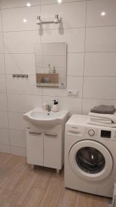 a white bathroom with a washing machine and a sink at Apartament Przy wąwozie in Bałtów
