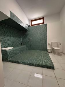 a bathroom with a green tiled shower and a toilet at Casa Durá in Chulilla +32 photos