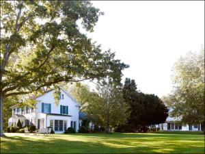 ein weißes Haus mit einem Baum im Hof in der Unterkunft Shelter Island Hidden Estate in East Marion
