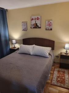 a bedroom with a bed with two night stands and two lamps at 703 Departamento 15 minutos de Aeropuerto Maipu in Santiago