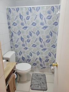 a bathroom with a toilet and a blue and white shower curtain at 703 Departamento 15 minutos de Aeropuerto Maipu in Santiago +18 photos