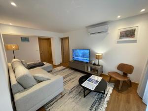a living room with a couch and a flat screen tv at Casa do Ferreiro T2 in Montalegre
