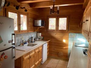 a kitchen with wooden walls and a white refrigerator at Chalet Cosy avec terrasse plein sud, 2 chambres, au cœur de la Haute-Savoie in Châtillon-sur-Cluses
