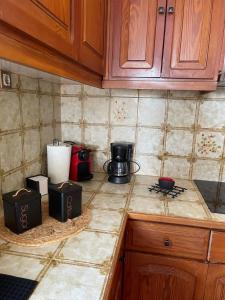 a kitchen counter with various appliances on it at Lali's Country House in Amaliás +12 photos
