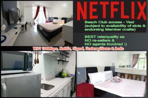 Beach condos at Pico de Loro Cove - Wi-Fi & Netflix, 42-50''TVs with Cignal cable, Uratex beds & pillows, equipped kitchen, balcony, parking - guest registration fee is not included的电视和/或娱乐中心