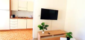 a living room with a flat screen tv on a wall at Foce 24 - City Garden 2 - in Imperia