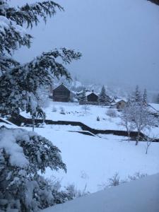 a snow covered field with houses and trees at El rincón de la Rapeda in Villanúa +5 photos