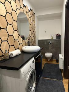 a bathroom with a washing machine and a mirror at Hugo Apart in Mārupe +8 photos