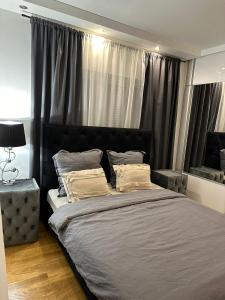 a bedroom with a large bed with a black headboard at Hugo Apart in Mārupe
