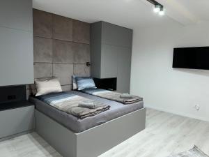 a bed in a room with a tv on a wall at Villa Luca Free Parking in Sarajevo