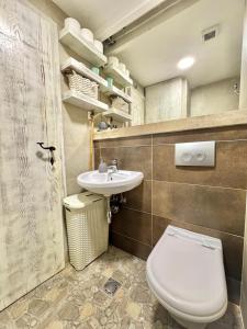a bathroom with a toilet and a sink at Sea view Studio Terminal in Budva +27 photos
