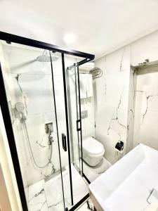 een badkamer met douche en toilet bij New Florenta Hotel in Istanbul +41 foto's