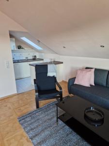 a living room with a couch and a chair and a kitchen at Comfortable and ideal for Frankfurt and surrounding area in Mörfelden-Walldorf