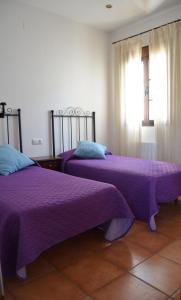 エル・ボスケにあるCasa Miguel - El Bosqueの紫のシーツと窓が備わる客室のベッド2台