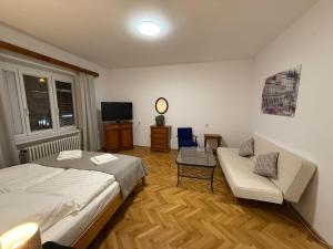 a bedroom with a bed and a couch and a tv at Apartment Justina in Staré Mesto