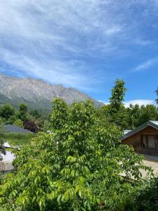 a tree in front of a house with mountains in the background at Lugar bonito casa de dos habitaciones in El Bolsón