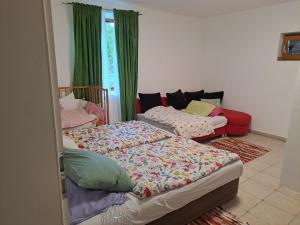 图尔恩Appartement Julis 1 in 3430 Tulln的房间里有两张床，窗帘是绿色的
