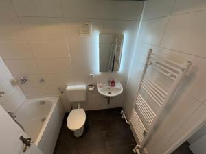a small bathroom with a toilet and a sink at Apartment am Messegelände in Nürnberg