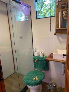 a bathroom with a shower and a toilet with a green seat at Chalé Cabana Lumiar in Nova Friburgo