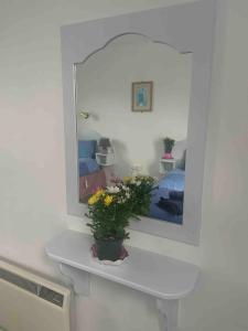 a bathroom with a mirror and a sink with flowers at Fionas Seaside Cottage in Ballybunion