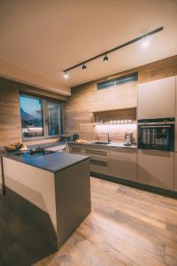 a large kitchen with wooden walls and a counter top at LIVALPIN ToGether in Garmisch-Partenkirchen