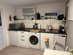 a kitchen with a sink and a washing machine at CASALINO DI ANNA in Wensickendorf