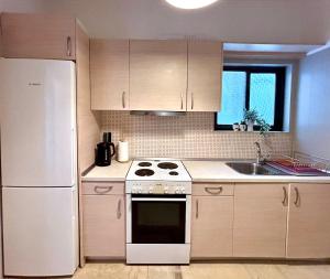 a kitchen with a white refrigerator and a stove top oven at Casa de Memo in Ágios Rókkos
