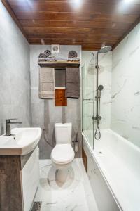 een badkamer met toilet, wastafel en bad bij Host2U Authentic Bansko Apartment - Free Parking in Bansko +37 foto's