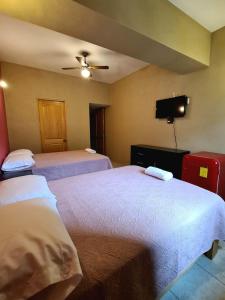 a bedroom with two beds and a flat screen tv at Hotel Arcadia Cuernavaca in Cuernavaca