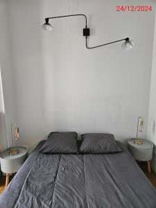 a bedroom with a bed with two tables and two lamps at Cosy private room in Shared appartment - 1 person only ! in Paris