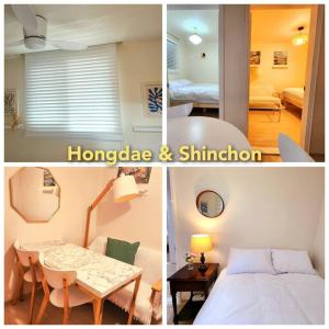 a collage of images of a bedroom and a room at Shinchon Stay in Seoul