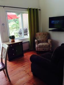 a living room with a couch and a chair and a window at Le Chalet d'Isabelle in La Conception