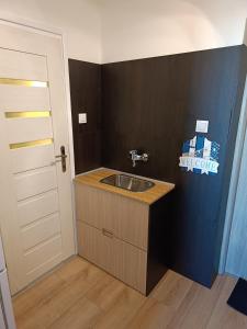 a small bathroom with a sink and a door at Good Night in Szczecin in Szczecin