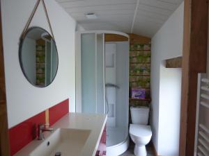 a bathroom with a sink and a toilet and a mirror at Chambre hibiscus in La Roche-sur-Yon