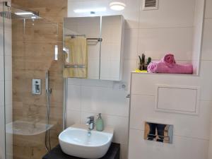 ein Badezimmer mit Waschbecken und Glasdusche in der Unterkunft U Stella in Sagan