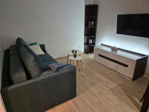 ein Wohnzimmer mit Sofa und Flachbildfernseher in der Unterkunft U Stella in Sagan