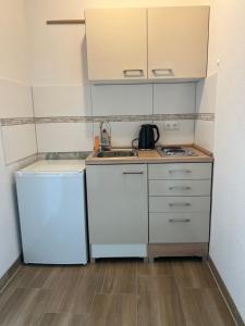 a small kitchen with a refrigerator and a sink at Maritime Einliegerwohnung in Schwaan