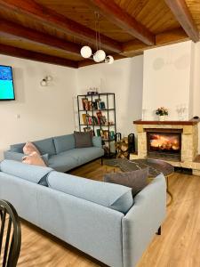 una sala de estar con un sofá y una chimenea en Ostoja Pod Szrenicą, en Szklarska Poręba