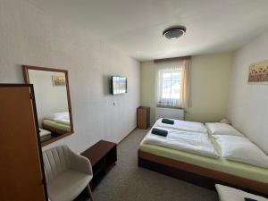 a hotel room with a bed and a mirror at Penzion SATELIT in Deštné v Orlických horách +36 photos