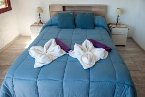 a blue bed with towels on top of it at Complejo BenjaLuna in San Rafael +28 photos