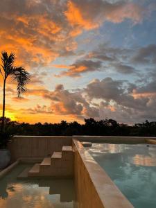 a swimming pool with a palm tree and a sunset at Tulum jungle penthouse in Chemuyil