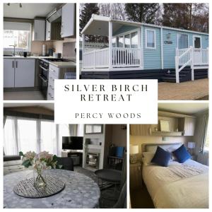 a collage of photos of a kitchen and a tiny house at Silver Birch Retreat - Percy Woods Country Retreat With 18 HOLE FREE GOLF in Alnwick
