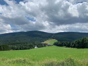 a large green field with mountains in the background at Apartmán Stratos in Ostružná