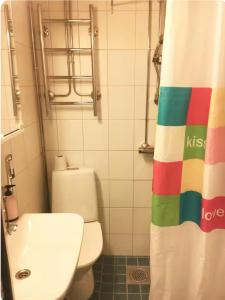 a bathroom with a toilet and a sink and a shower curtain at Cozy and peaceful Punavuori in Helsinki