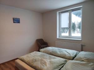 two beds in a room with a window and a chair at Appartements Dorner, Semmering in Steinhaus am Semmering