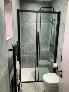 a bathroom with a shower and a toilet at White Sands, NEWLY renovated central 2 bed house near Cleethorpes beach and all amenities in Cleethorpes