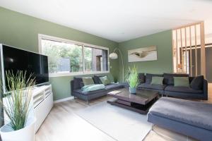 een woonkamer met een bank en een tv bij La Villa Nature Canopée du Lac in Seignosse