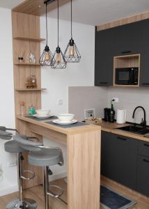 Apartman studio GRUBAC في تريبينيي: مطبخ مع دواليب سوداء وكاونتر مع الكراسي